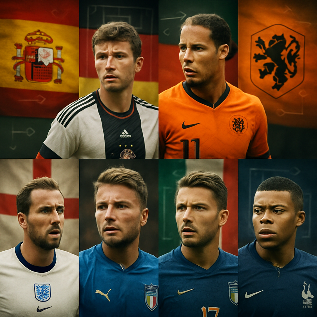 A conceptual image featuring the emblems of six European football teams contrasted with a