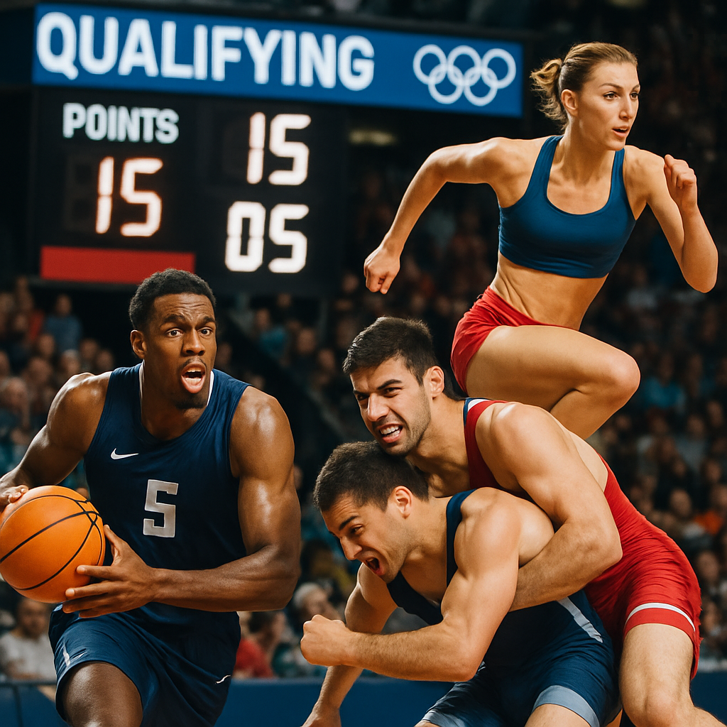 The image portrays the pivotal moments of an Olympic qualification match, filled with energy