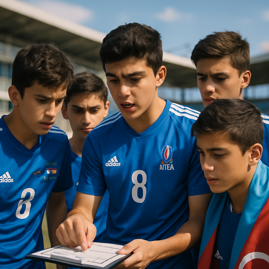 A captivating image of U-15 football players from Azerbaijan in their national team uniforms,
