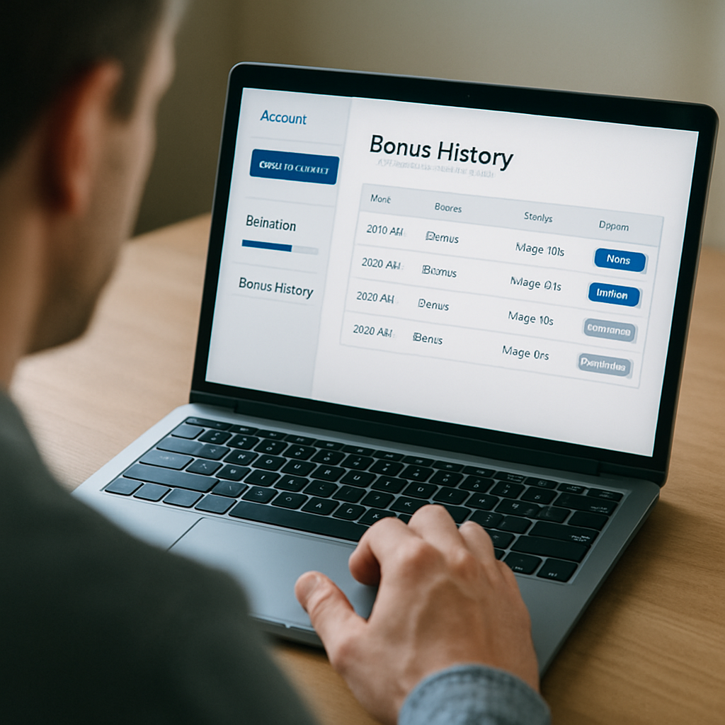 An adult calmly reviews a clear, generic bonus-history dashboard on a laptop, with dates,