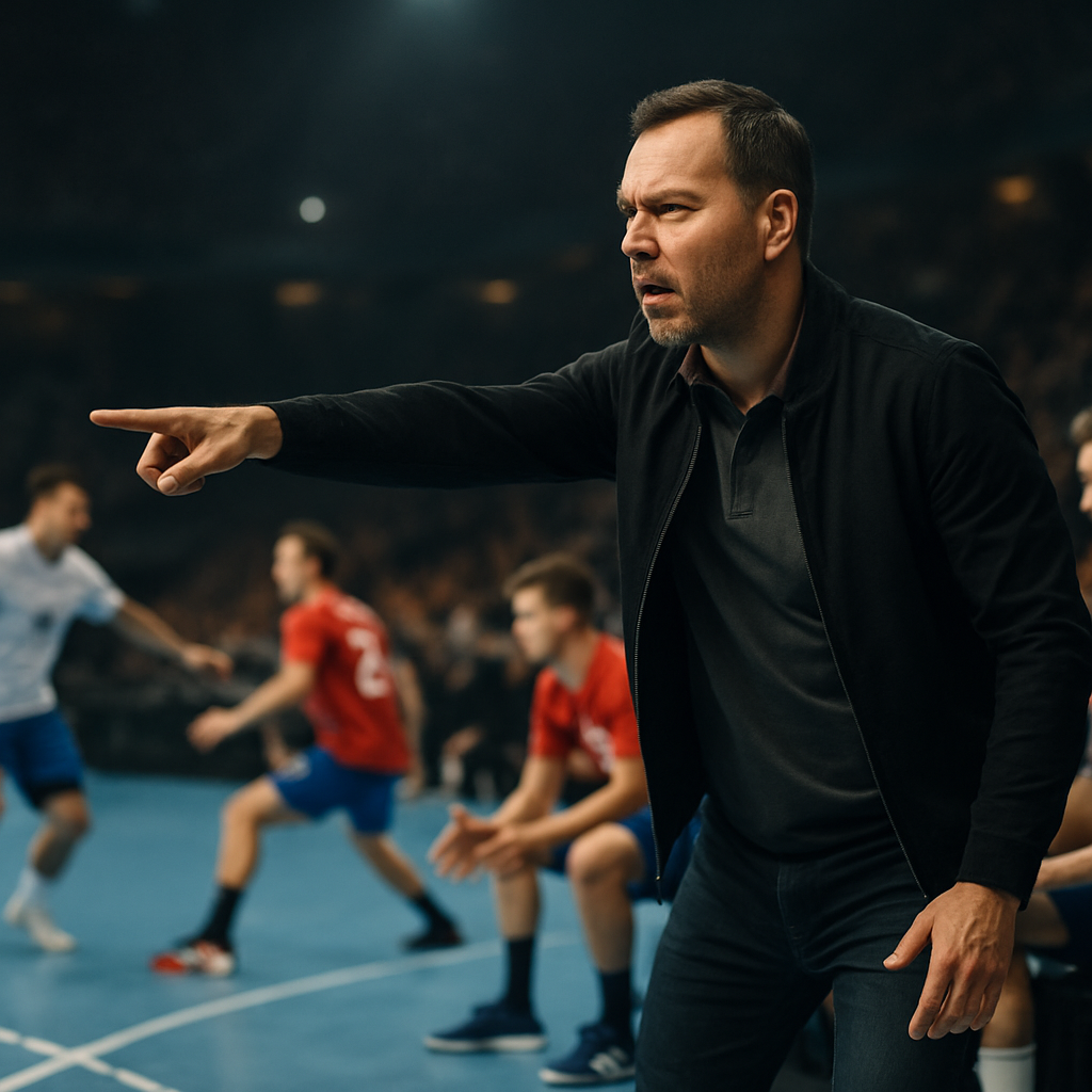 A handball coach directs play as substitutes prepare to enter during a European club