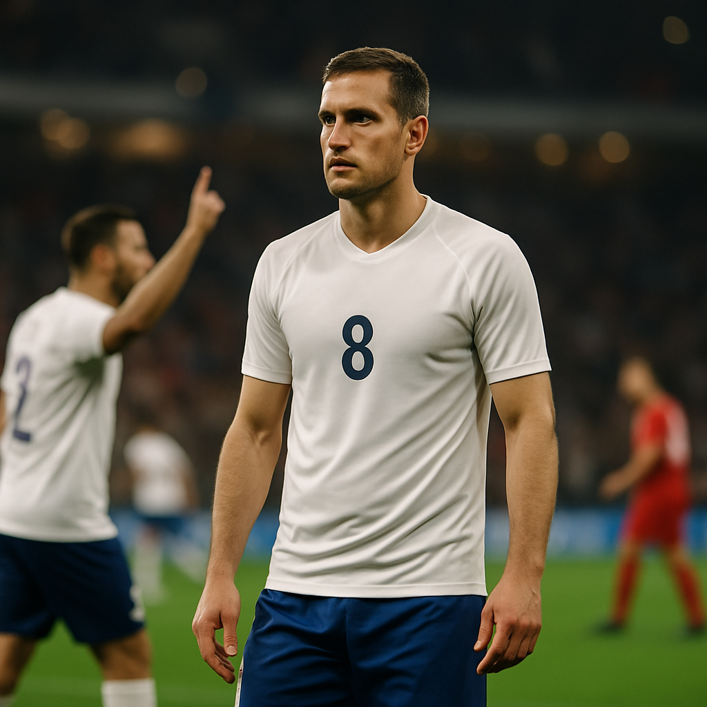 A focused football player leads the team on the pitch during a decisive tournament