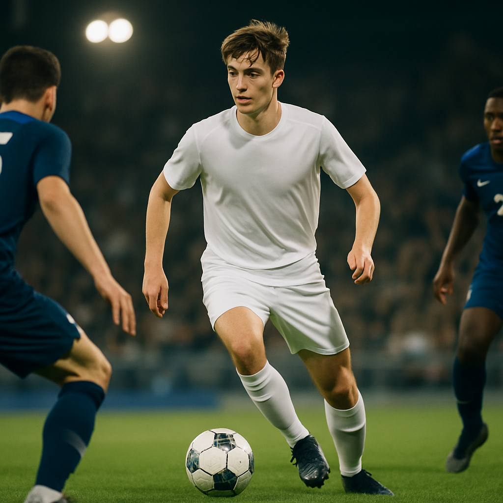 A focused young footballer in a U21 match scans the pitch while controlling the