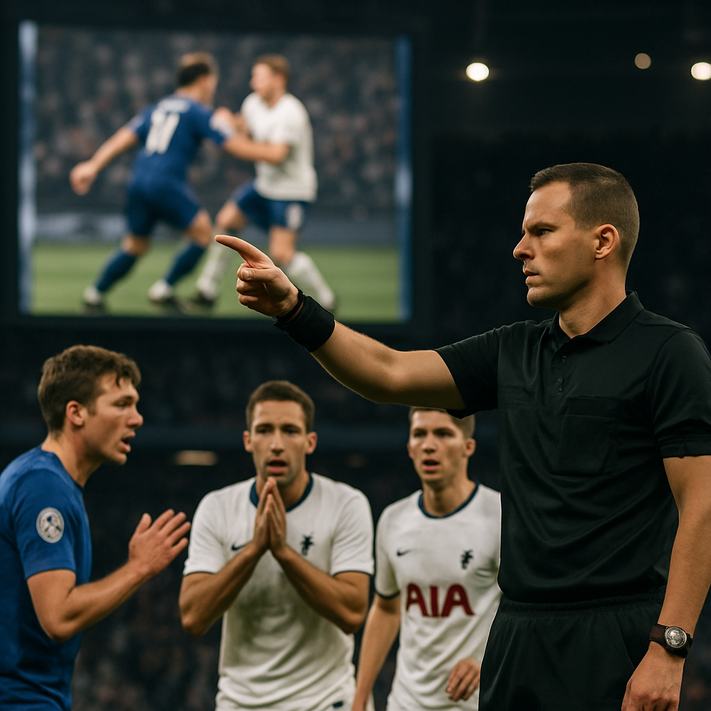A referee signals a decision as players react to a disputed tournament play, with