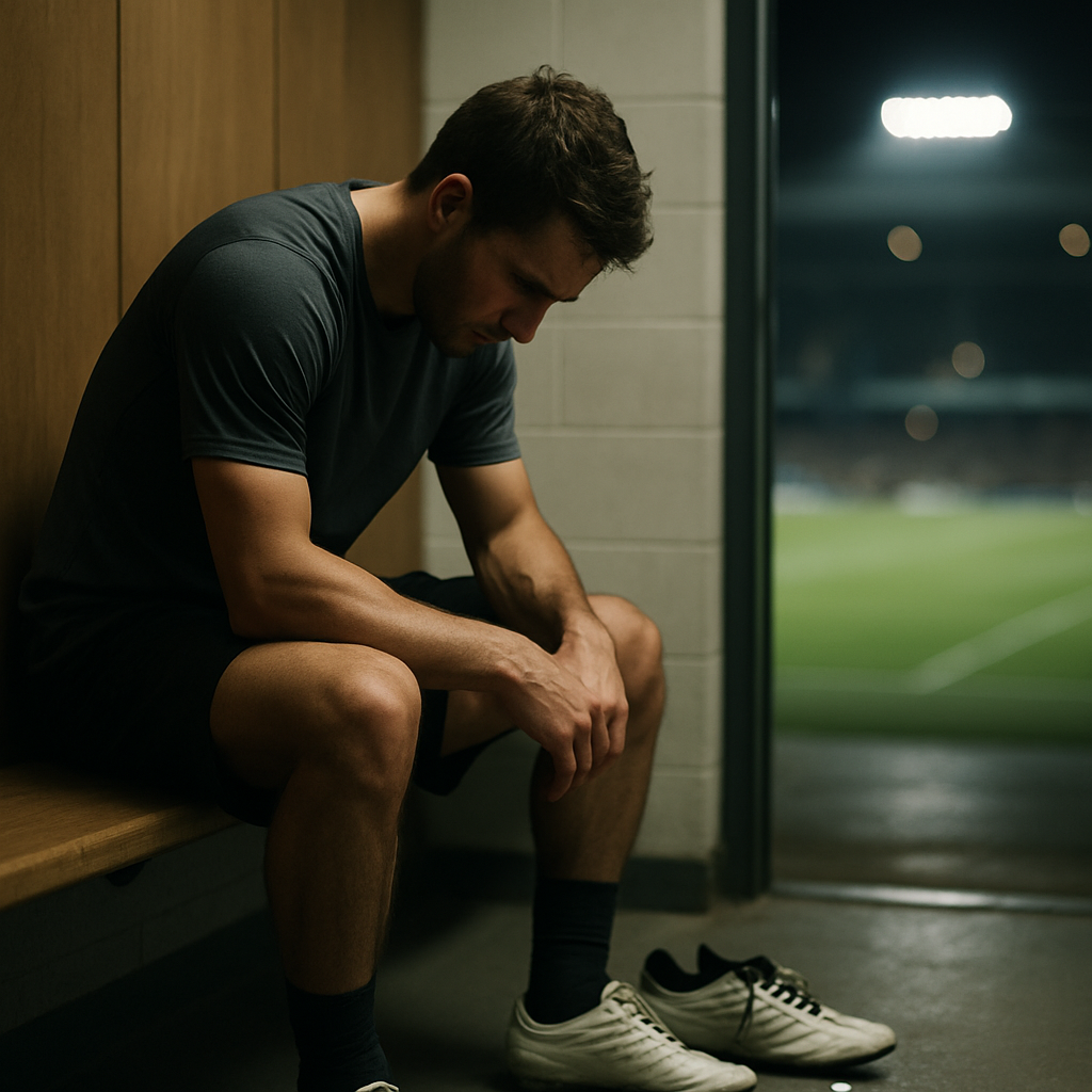 An exhausted footballer sits in the dressing room beside a packed match calendar and