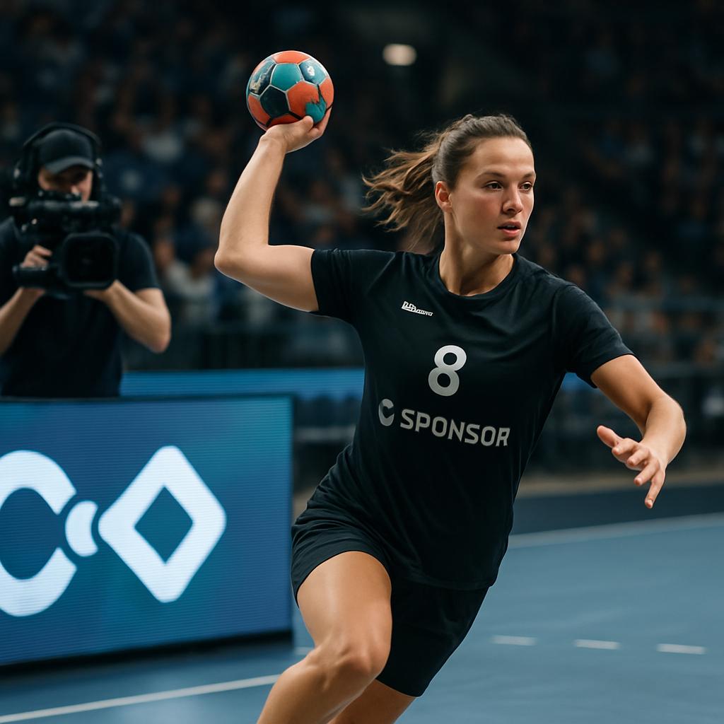Handball player in action as courtside sponsor displays and a livestream camera highlight how