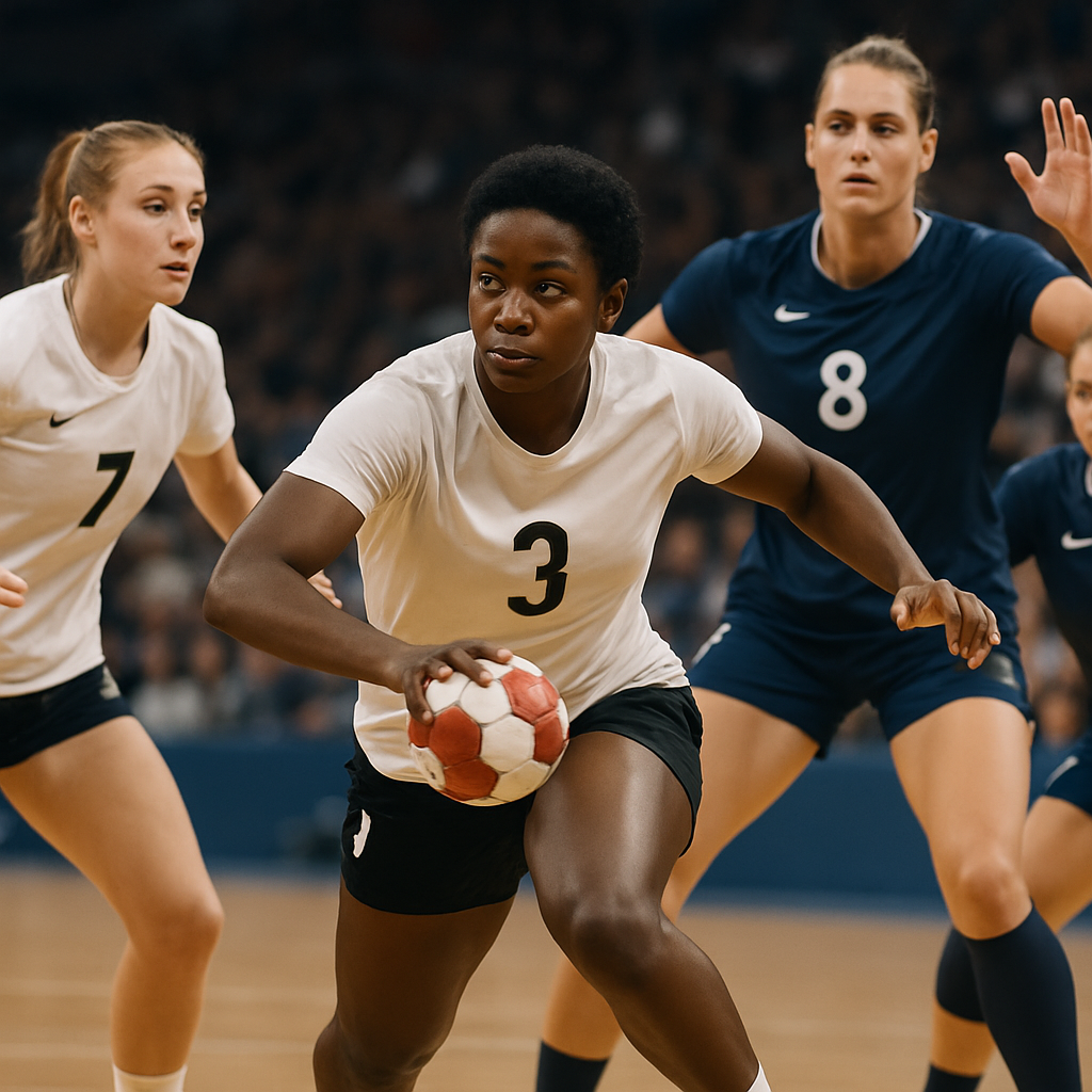Women’s handball players execute a coordinated attack during an international match.