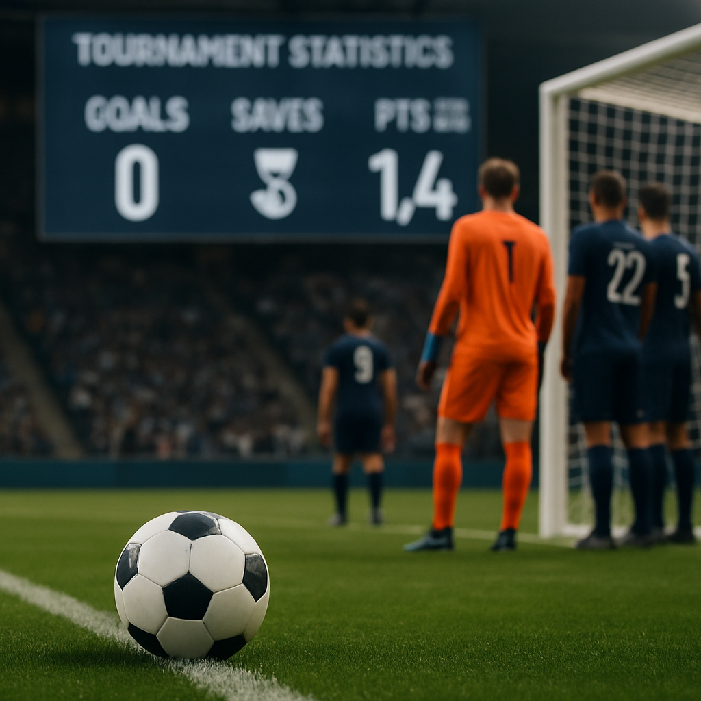A football beside the goal as a goalkeeper and defenders stand near the net,