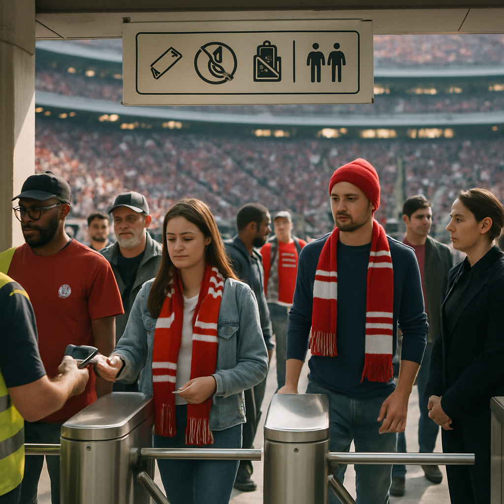 Fans follow stadium entry rules as staff check tickets and security teams help maintain