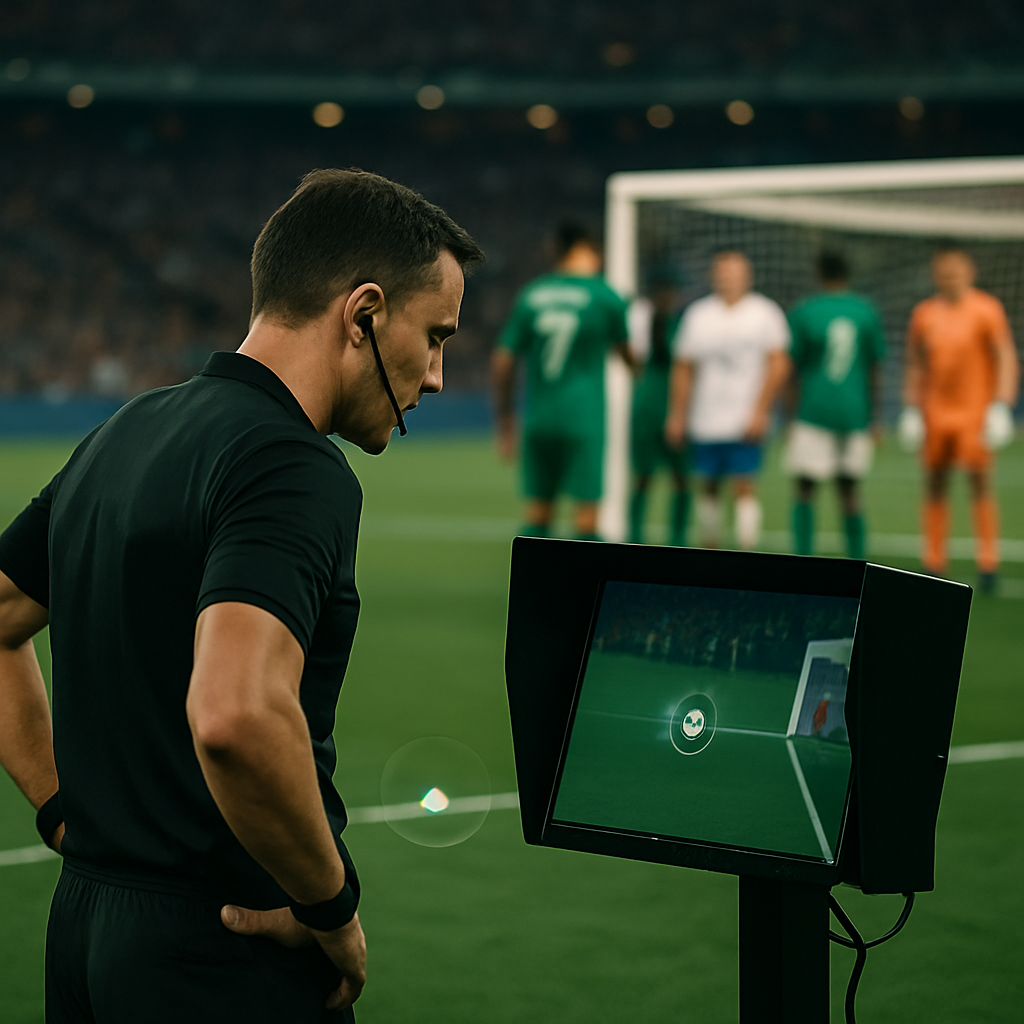 A referee reviews a close football decision on a VAR monitor as electronic line